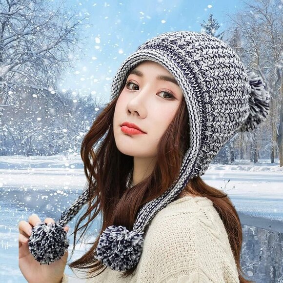Women Grey Winter Peruvian Cover Ears Beanie Hat Ear Flaps Sherpa Snow main image 2